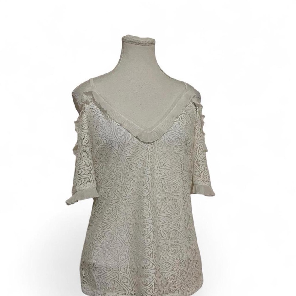 White House Black Market Cream Lace Cold-Shoulder V-Neck Top